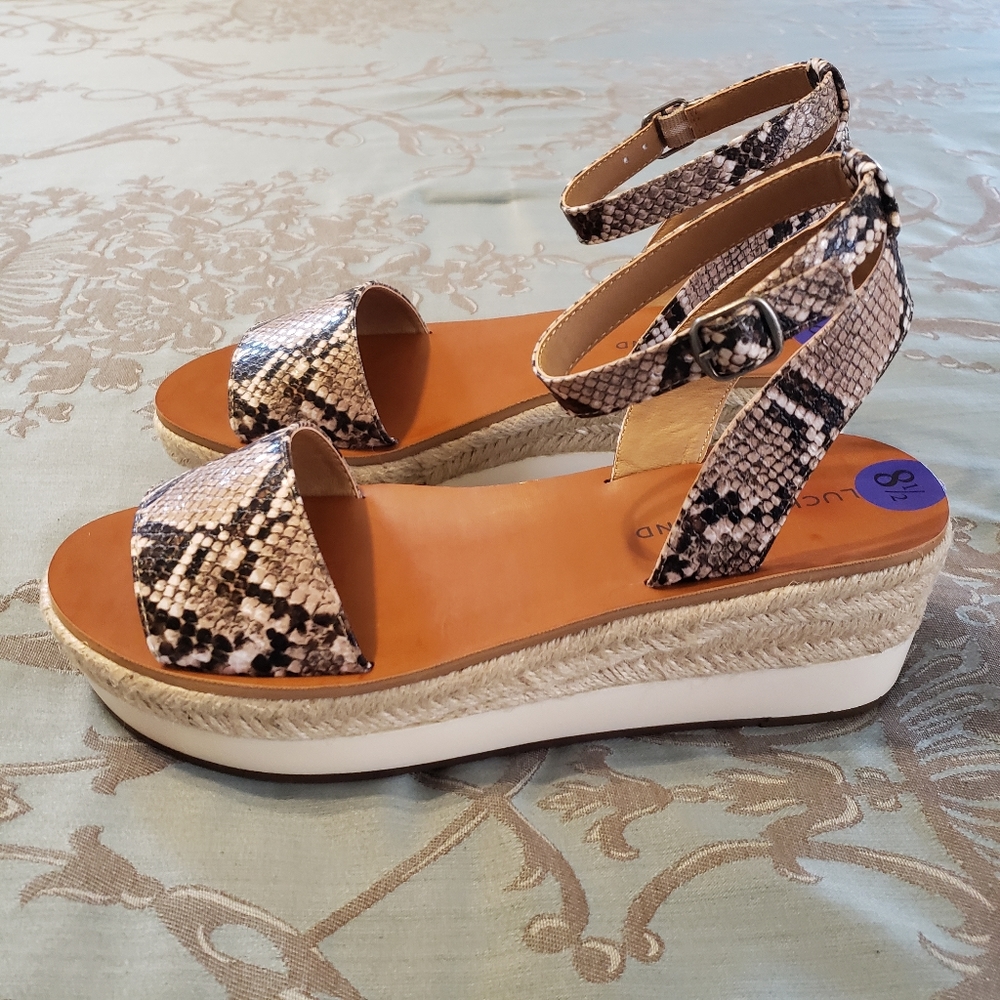Lucky Brand Jeneka Snakeskin Tan Black Espadrille Platform Sandals Women 8.5 - Picture 7 of 12